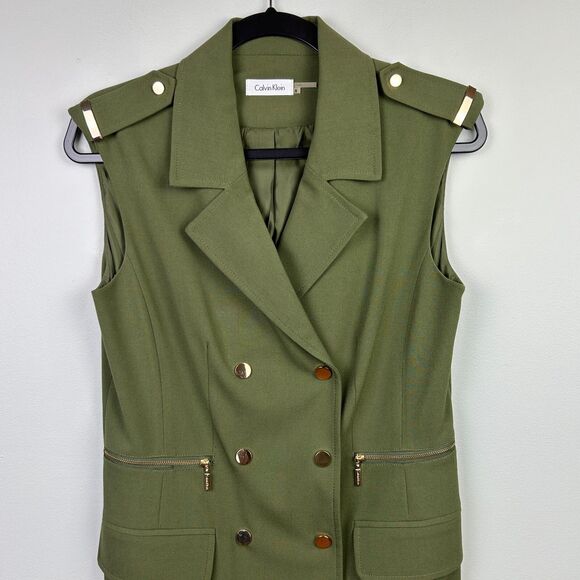 Calvin Klein Double Breasted Military Green Button Front Dress Sleeveless sz 8 - Picture 2 of 14